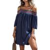 CUPSHE Women’s Loose Open-Shoulder Short Dress Formal Dress 3/4 Sleeve Spaghetti Strap Smocked Lace Mini Dress(Navy Blue)