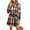 CUPSHE Women’s Mini Fall Dresses Button Long Sleeves Plaid Belted Casual Short A Line Shirt Dress(Brown/Khaki)