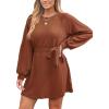 CUPSHE Womens Mini Fall Dresses Round Neck Casual Long Sleeve Woven Belted Short Work Outfit A Line Flowy Dress(Brown)