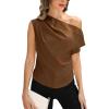CUPSHE Womens Off Shoulder Blouses Shirts Short Sleeve Asymmetrical Going Out Blouses Tops Shirts(Light Brown)