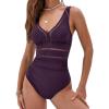 CUPSHE Women’s One Piece Swimsuit Bathing Suit V Neck Adjustable Straps Ruched Mesh Back Hook(Dark Purple)