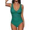 CUPSHE Women’s One Piece Swimsuit Bathing Suit V Neck Adjustable Straps Ruched Mesh Back Hook(Teal Green)