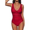 CUPSHE Women’s One Piece Swimsuit Bathing Suit V Neck Adjustable Straps Ruched Mesh Back Hook(True Red)