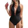 CUPSHE Women’s One Piece Swimsuit Plunging Deep V Neck Halter Bathing Suit Ruched Adjustable Straps Self Tie O Ring(Black)