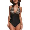 CUPSHE Women’s One Piece Swimsuit Plunging Neck Bathing Suit Halter Strappy Lace Cutouts Swimwear(Black)