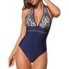 CUPSHE Women’s One Piece Swimsuit Plunging Neck Bathing Suit Halter Strappy Lace Cutouts Swimwear(Navy Blue)