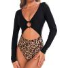 CUPSHE Women’s One Piece Swimsuit Rash Guard Long Sleeve Cutout UPF 50+ UV Deep V Neck O-Ring(Black/Leopard)