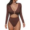 CUPSHE Women’s One Piece Swimsuit Rash Guard Long Sleeve Cutout UPF 50+ UV Deep V Neck O-Ring(Burgundy Red)