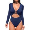 CUPSHE Women’s One Piece Swimsuit Rash Guard Long Sleeve Cutout UPF 50+ UV Deep V Neck O-Ring(Dark Navy Blue)