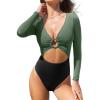 CUPSHE Women’s One Piece Swimsuit Rash Guard Long Sleeve Cutout UPF 50+ UV Deep V Neck O-Ring(Green/Black)