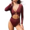 CUPSHE Women’s One Piece Swimsuit Rash Guard Long Sleeve Cutout UPF 50+ UV Deep V Neck O-Ring(Red)