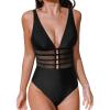 CUPSHE Women’s One Piece Swimsuit Tummy Control Bathing Suit Deep V Neck Cut Out Mesh Adjustable Straps(Black)
