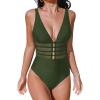 CUPSHE Women’s One Piece Swimsuit Tummy Control Bathing Suit Deep V Neck Cut Out Mesh Adjustable Straps(Dark Green)