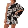 CUPSHE Women’s One Shoulder Romper 3/4 Sleeve Wide Leg Mini Jumpsuit Short Draped Bodice Romper Casual Summer Loose Outfit(Black Leaves)