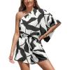 CUPSHE Women’s One Shoulder Romper 3/4 Sleeve Wide Leg Mini Jumpsuit Short Draped Bodice Romper Casual Summer Loose Outfit(Black White)