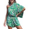 CUPSHE Women’s One Shoulder Romper 3/4 Sleeve Wide Leg Mini Jumpsuit Short Draped Bodice Romper Casual Summer Loose Outfit(Green Leopard)
