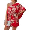 CUPSHE Women’s One Shoulder Romper 3/4 Sleeve Wide Leg Mini Jumpsuit Short Draped Bodice Romper Casual Summer Loose Outfit(Red Leaves)