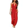 CUPSHE Women’s Plunge Halter Sleeveless Pleated Long Romper Knit Jogger Maxi Jumpsuit with Pockets(Red)