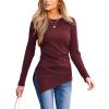 CUPSHE Womens Ribbed Long Sleeve Shirts Asymmetrical Trendy Blouse Tops Fall Fashion Outfits(Reddish-brown)