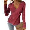 CUPSHE Womens Ribbed Sweaters Surplice Fall Knit Sweater Long Sleeve Wrap Sweater Tops(Burgundy)