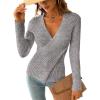 CUPSHE Womens Ribbed Sweaters Surplice Fall Knit Sweater Long Sleeve Wrap Sweater Tops(Grey)