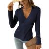 CUPSHE Womens Ribbed Sweaters Surplice Fall Knit Sweater Long Sleeve Wrap Sweater Tops(Navy Blue)