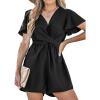 CUPSHE Women’s Romper V Neck Short Flutter Sleeves Knotted Detail Wide leg Outfit Casual Dressy(Black)