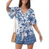 CUPSHE Women’s Romper Woven Surplice neckline Short sleeves Waist tie Wide leg Outfit Casual Dressy(Blue)