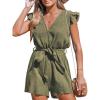 CUPSHE Women’s Rompers V Neck Flutter Sleeve Wide Leg Overall Waist Tie Outfit Casual Beach(Green-olive)