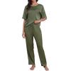 CUPSHE Womens Satin Silk Pajama Set Soft Pjs Sleepwear Short Sleeve Top with Long Pajama Pant Set(Army Green)