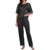 CUPSHE Womens Satin Silk Pajama Set Soft Pjs Sleepwear Short Sleeve Top with Long Pajama Pant Set(B-black)