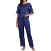 CUPSHE Womens Satin Silk Pajama Set Soft Pjs Sleepwear Short Sleeve Top with Long Pajama Pant Set(Navy Blue)