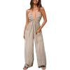 CUPSHE Women’s Summer Jumpsuit Plunging Halter Sleeveless Striped Casual Dressy Outfit Wide Leg Pockets Maxi Overall(Apricot)
