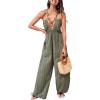 CUPSHE Women’s Summer Jumpsuit Plunging Halter Sleeveless Striped Casual Dressy Outfit Wide Leg Pockets Maxi Overall(Dusty Green)