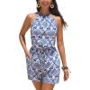 CUPSHE Women’s Summer Romper Floral Print Boho Sleeveless Halter Wide Leg Paisley Beach Vacation Jumpsuit Trendy 2025(Blue)