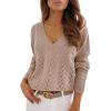 CUPSHE Women’s Sweater V Neck Long Sleeve Hollow Cable Knit Pullover Tops(Mist Pink)