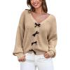 CUPSHE Womens Sweaters Bow Sweater Neck Casual Long Sleeve Lightweight Crochet Pullover Sweater Tops(Khaki)