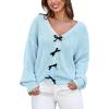 CUPSHE Womens Sweaters Bow Sweater Neck Casual Long Sleeve Lightweight Crochet Pullover Sweater Tops(Light Blue)