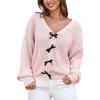CUPSHE Womens Sweaters Bow Sweater Neck Casual Long Sleeve Lightweight Crochet Pullover Sweater Tops(Pink)