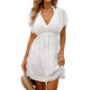 CUPSHE Women’s Swim Cover Up Dress V Neck Textured Striped Short Sleeve Cover Ups Casual Beach Summer(White)