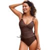 CUPSHE Women’s Tankini Sets Deep V Neck Two Piece Drawstring Self Tie Adjustable Straps Shiny Cutout Bathing Suits(Chocolate Brown)