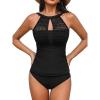 CUPSHE Women’s Tankini Sets High Neck Mesh Cutouts Two Piece Bathing Suits Adjustable Straps Mid Rise Swimwear(Black)