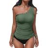 CUPSHE Women’s Tankini Sets One Shoulder Scalloped Neck Two Piece Bathing Suit Side Tie Ruched Swimsuit(Olive Green/Black)
