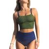 CUPSHE Women’s Tankini Sets Square Neck Elastic High Waisted Two Piece Bathing Suits Adjustable Straps Swimwear(Olive Green/Navy Striped)