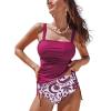 CUPSHE Women’s Tankini Sets Square Neck High Waisted Two Piece Bathing Suits Adjustable Straps Drawstring Swimwear(Purple Red/Floral)