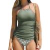 CUPSHE Women’s Tankini Sets Two Piece Swimsuit High Neck Halter Mid Rise Adjustable Drawstrings(Olive Green/Floral)