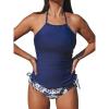 CUPSHE Women’s Tankini Sets Two Piece Swimsuit High Neck Halter Mid Rise Adjustable Drawstrings(White/Navy Blue Floral)