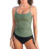 CUPSHE Women’s Tankini Sets Two Piece Swimsuit Scoop Neck Ruched Adjustable Straps Drawstring Mid Rise(Dark Green/Black)