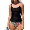 CUPSHE Women’s Tankini Sets Two Piece Swimsuit Scoop Neck Self Tied Crisscross Bathing Suit Ruched Tummy Mid Rise(Black Floral)