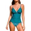 CUPSHE Women’s Tankini Sets Two Piece Swimsuit V Neck Bathing Suit Mid Rise Drawstring Tummy Control Stitching(Teal Blue/Floral)